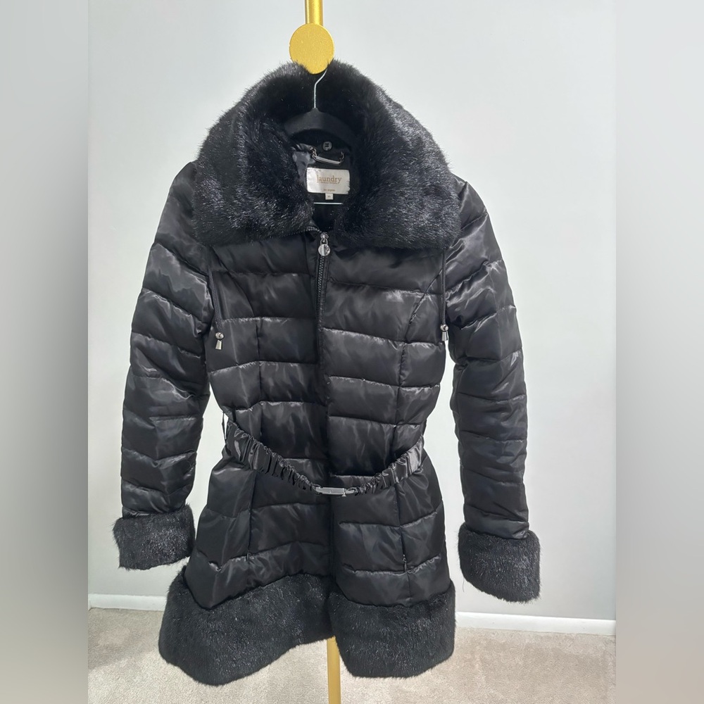 Laundry By Shelli Segal Black Fur-Trimmed Puffer Coat